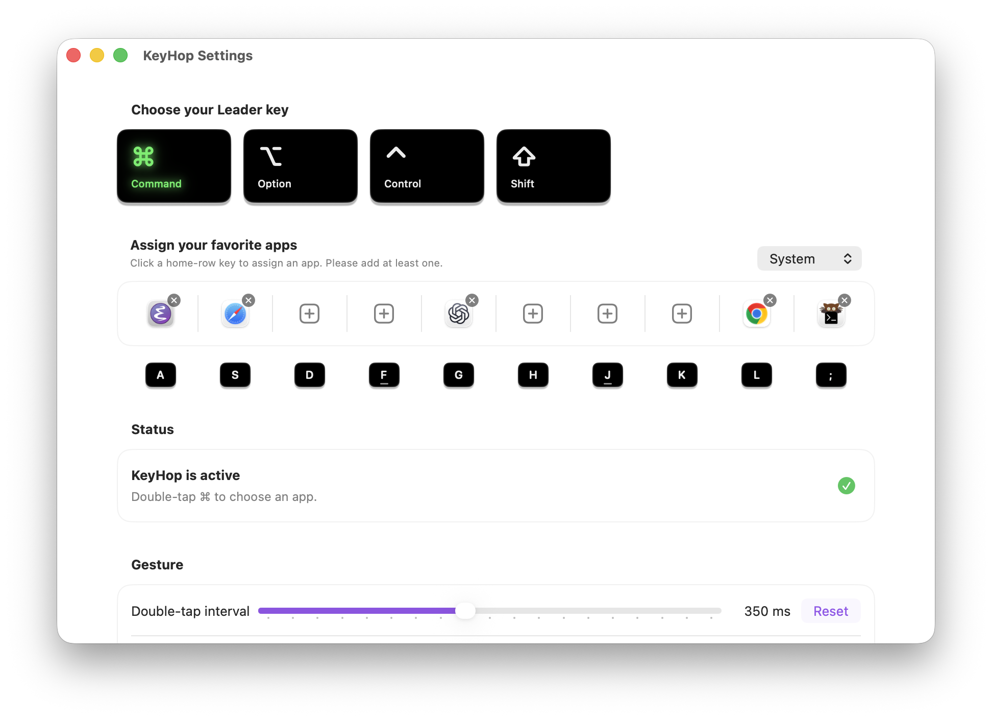 KeyHop settings with leader-key selection and home-row app assignments