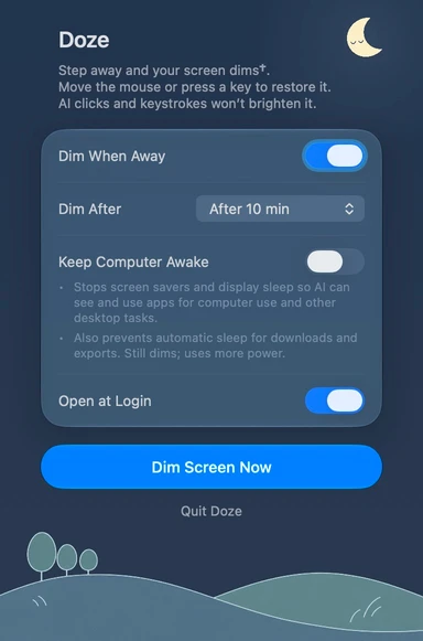 Doze settings panel in English · Night