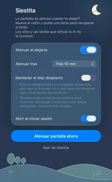 Panel de ajustes de Siestita en español · Noche