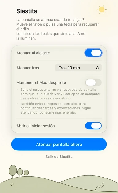 Panel de ajustes de Siestita en español · Día