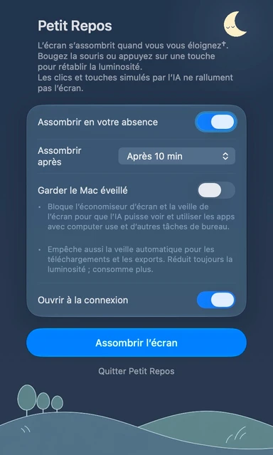 Panneau de réglages de Petit Repos en français · Nuit