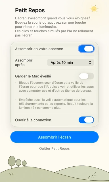 Panneau de réglages de Petit Repos en français · Jour
