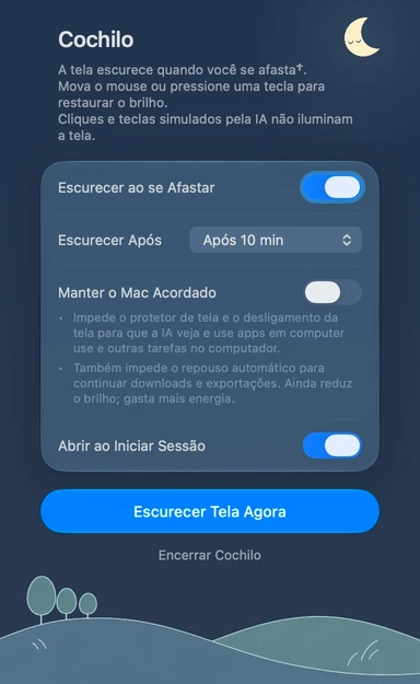 Painel de ajustes do Cochilo em português do Brasil · Noite