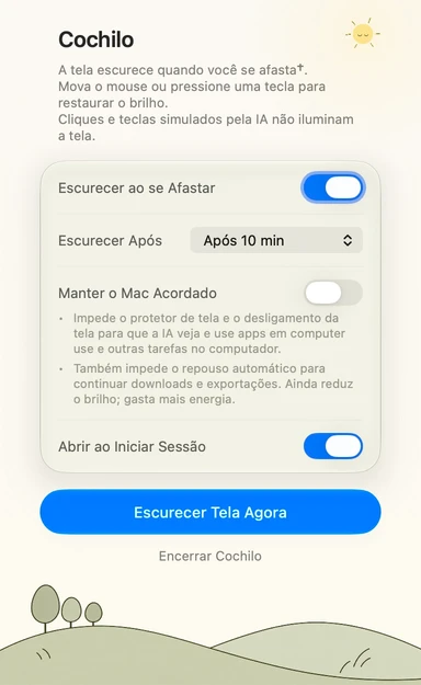 Painel de ajustes do Cochilo em português do Brasil · Dia