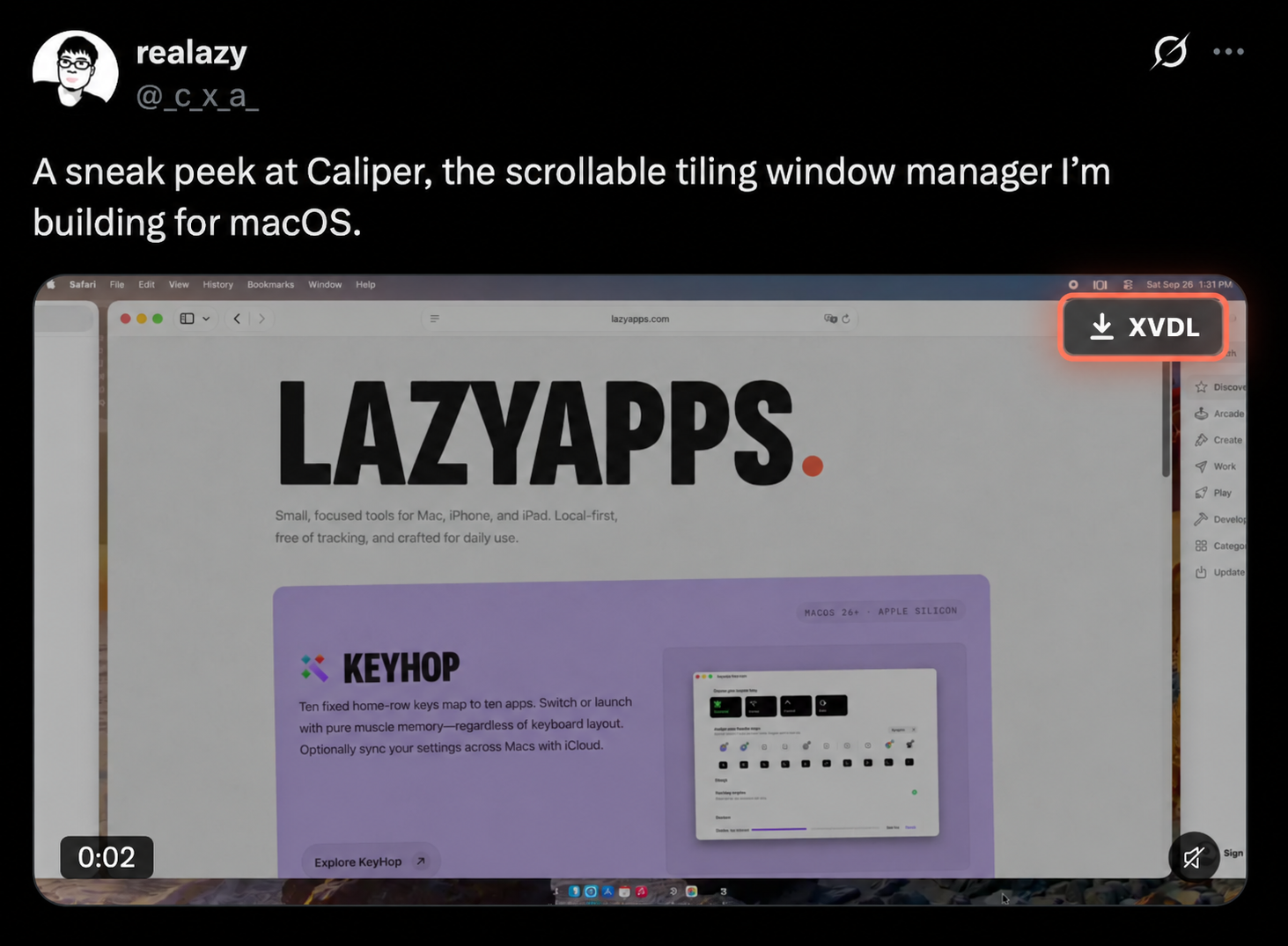 The XVDL download button highlighted at the upper right of an X video post