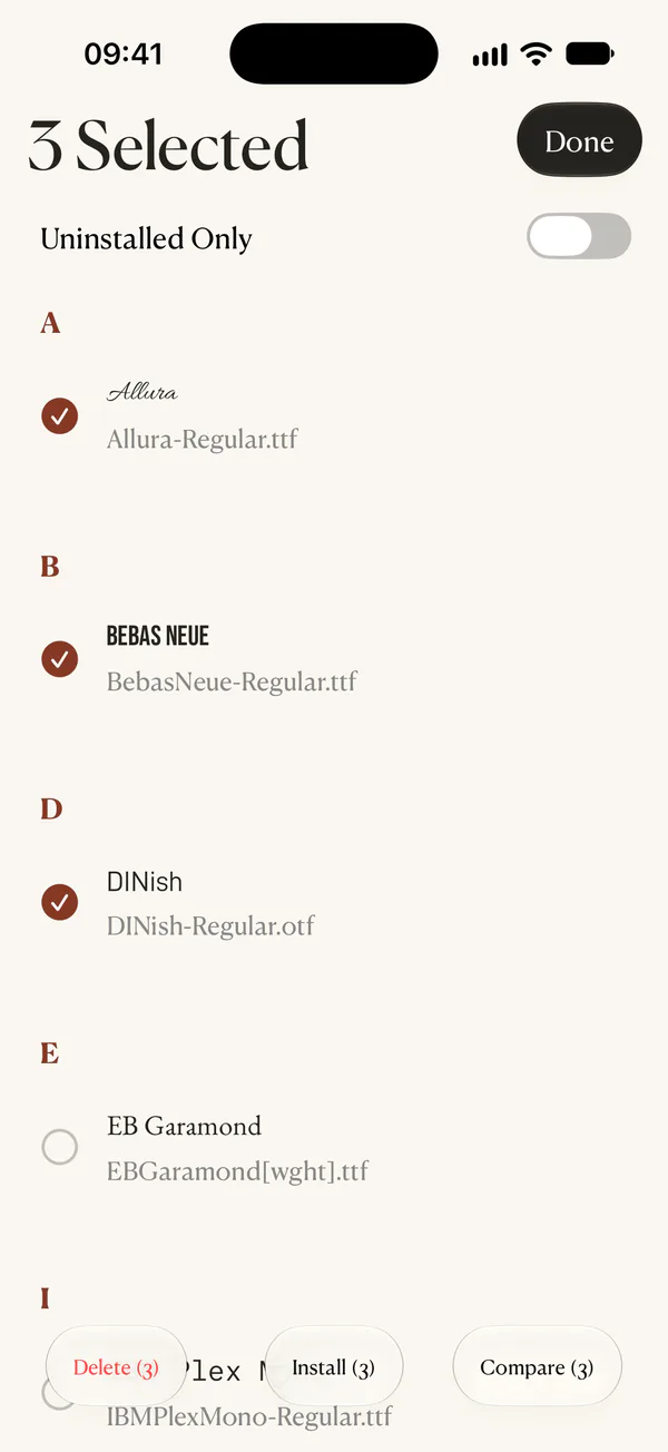 The font selection screen in FondFont. Install is at the bottom of the screen.