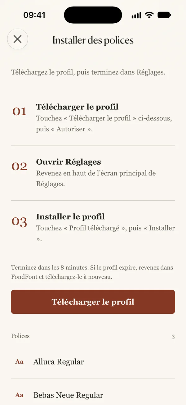 Le guide de téléchargement du profil. Télécharger le profil lance le téléchargement.