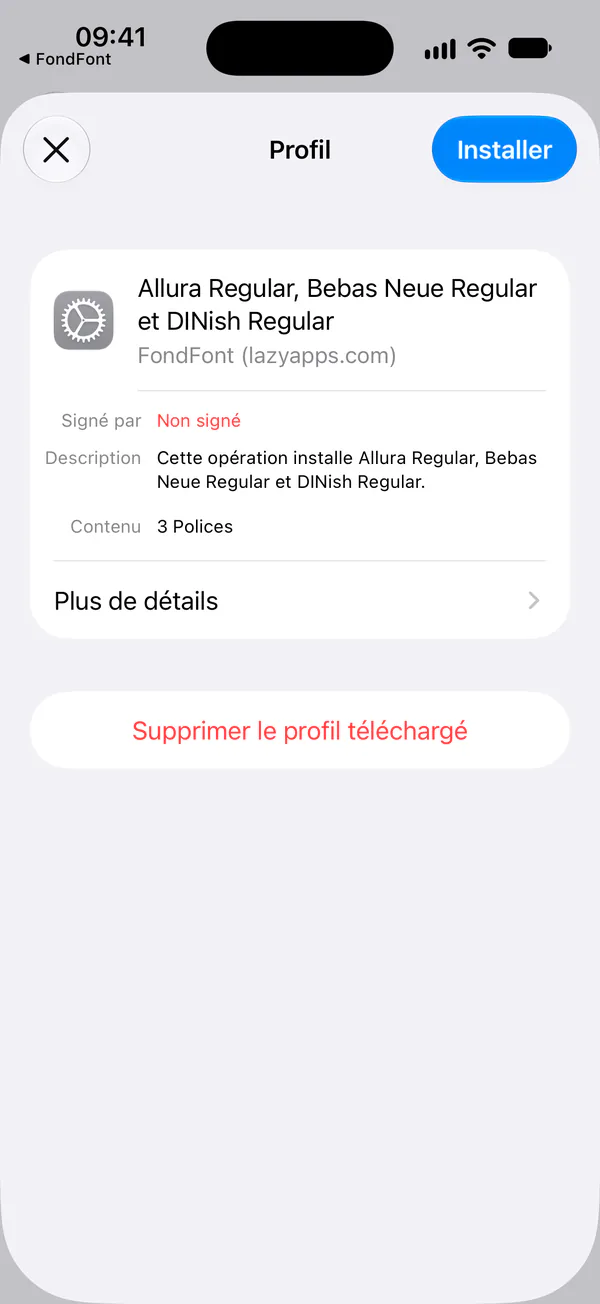 L’écran d’installation du profil dans Réglages. Installer se trouve en haut à droite.