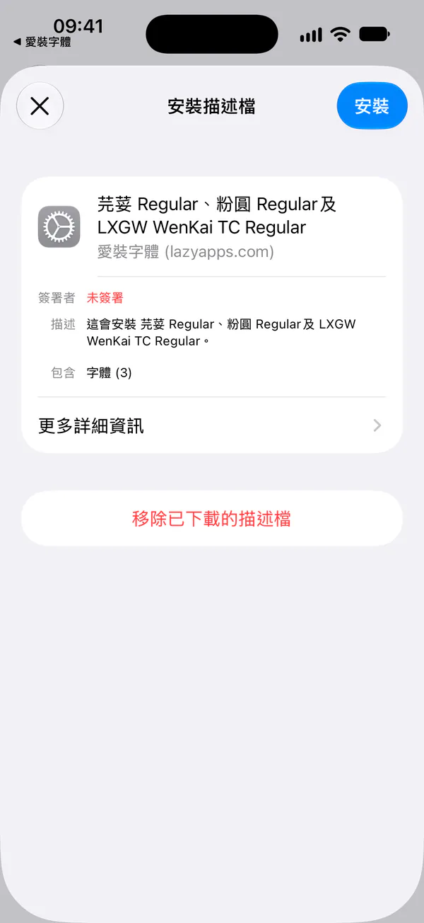 iOS 的描述檔安裝畫面。「安裝」按鈕位於右上角。