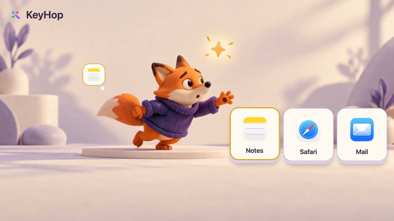 Un petit renard poursuit des apps qui changent de place, rejoint un raccourci fixe sur la rangée de repos et se remet à écrire.